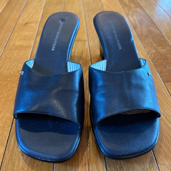 Tommy Hilfiger Logo Navy Blue Open Toe Slip On Sandals Shoes Marie Sz 8 Vintage - Picture 1 of 8